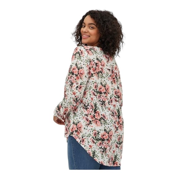 TORRID White Pink Floral Long Sleeve Button Front Long Tunic Blouse Size 3XL - Picture 4 of 10